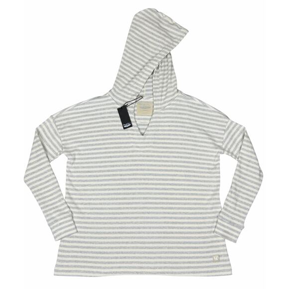 Straight Down Tops - Straight Down Hooded Top White Grey Striped Women’s Large Cozy Layering Pullover